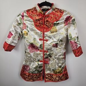 Traditional Chinese Kids Size 8 Floral Jacket with Red Accents